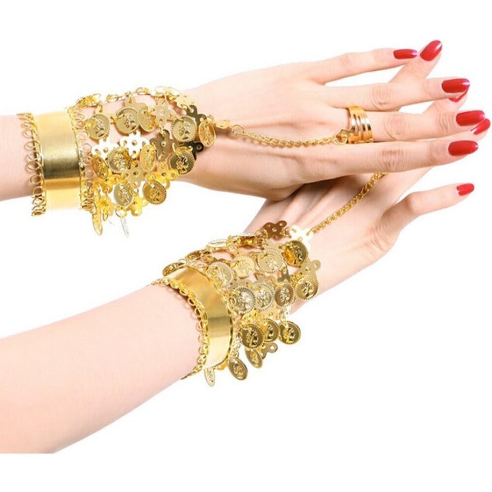 2 Pcs Belly Dance Gold Coin Bracelets Gypsy Jewelry Wrist Hand Bangle